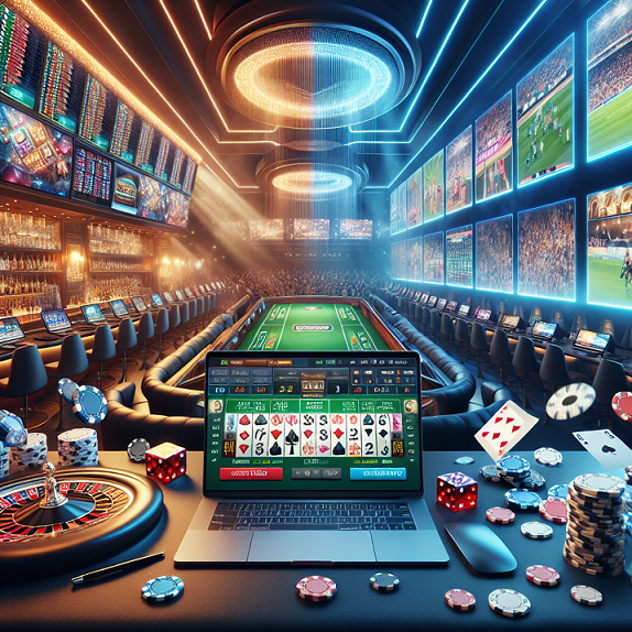 An exciting online betting platform with various games like poker and sports betting displayed on screens.
